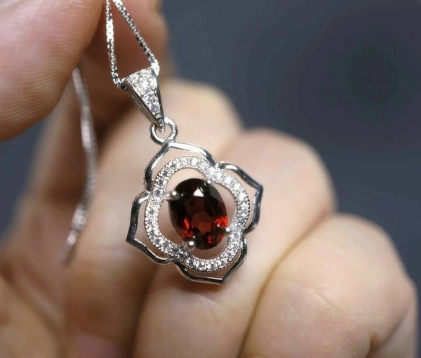 Alternate view of Oval Cut Simulated Red Garnet Women's Amulet Pendant 14k White Gold Plated