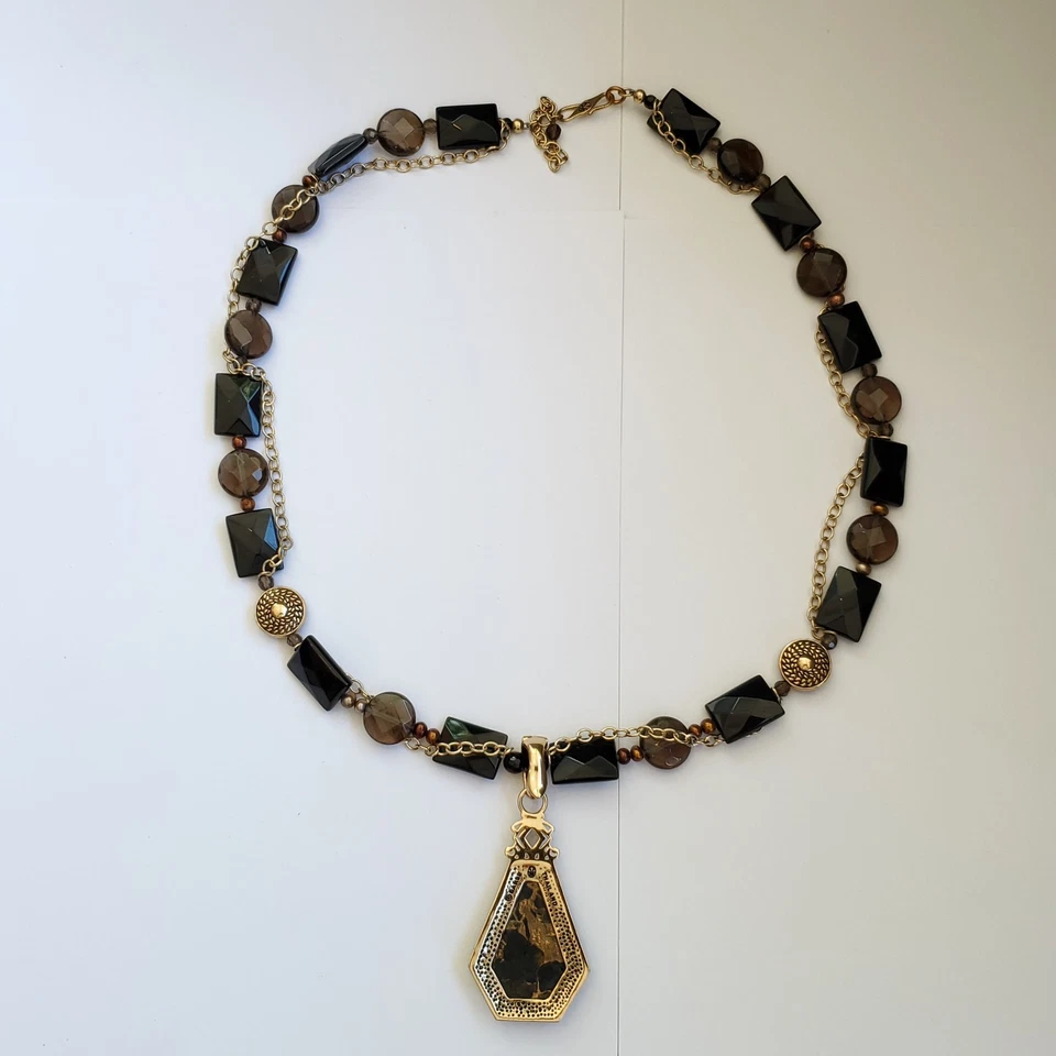 Collar Colgante Cuarzo Ahumado Ónix Negro Grueso Bronce Tono Dorado Barse Noche a Foto 3 de 4