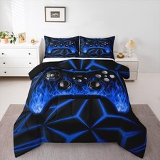 Video Game Comforter Set for Boys Twin Size, Blue and Black Gaming Bedding Se...