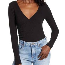 BP. NWT Cozy Ribbed Wrap Bodysuit Long Sleeve V-Neck Knit Black Size Medium