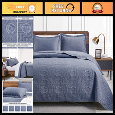 King Size Quilt Set - Blue Lightweight Bedspread Comforter, Modern Coin Pattern,