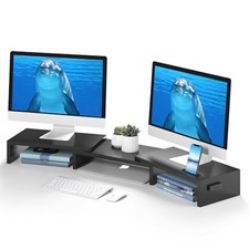 Dual Monitor Stand Riser with Smartphone Holder, Adjustable Length  Black