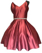 Red Satin Fit & Flare Mini Dress Sleeveless V-Neck Beaded Waist Party Cocktail