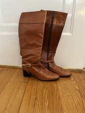 Andrew Geller Brown Leather Knee High Boots Buckle Accent  Zip Closure 7.5