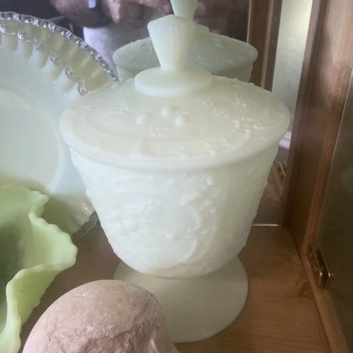 Fenton Yellow Custard Satin Uranium Glass Wild Strawberry Pedestal Compote Dish