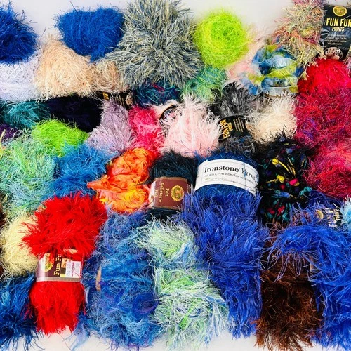 Huge Yarn Lot 40+ Balls Fun Fur Eyelash Assorted Brand Colors Craft Bulk VTG image 3