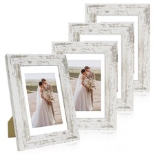 4x6 Picture Frame Set of 4, Made of Real Glass and Distressed White Wooden Fr...
