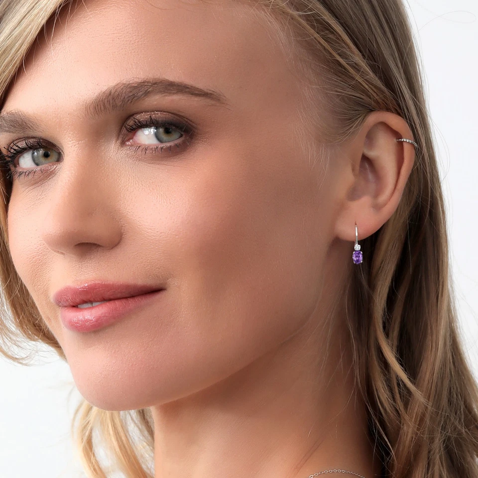 Pendientes de plata de ley 925 amatista y diamantes con cierre de palanca para mujer (0,77 Foto 2 de 4