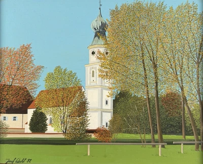 Ölgemälde Malerei Josef Wahl 1936-2020 München Obermenzing Kirche St. Georg - Bild 1 von 4