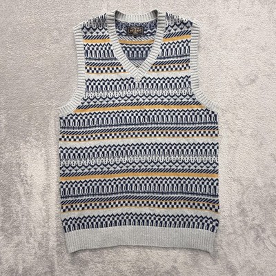 BEAMS+ Japan Sweater Vest Mens L Gray Fair Isle V-Neck Cotton Knit Sleeveless