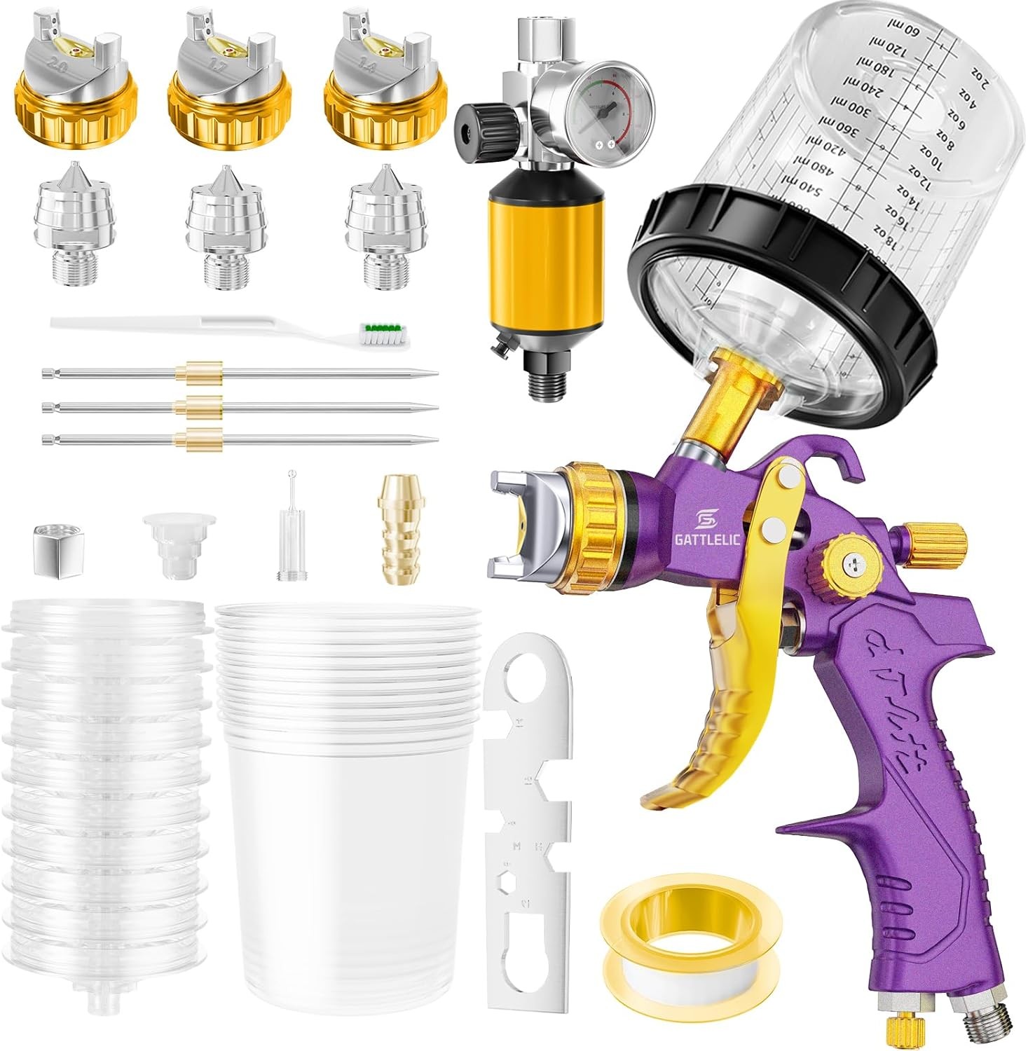 HVLP Air Spray Gun with 1.4/1.7/2mm Nozzles & Compressor Purple 