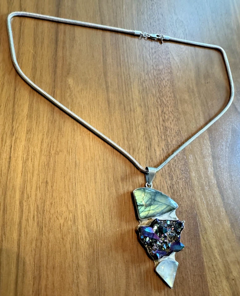 "Collar colgante unisex de plata 925 con piedra lunar mineral de pavo real 22"" India" Foto 2 de 4