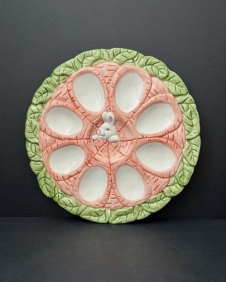 Vintage Vigor Ceramic Easter Bunny Deviled Egg Platter Tray Carrots Cabbage 9''