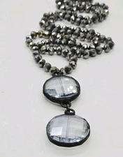 Crystal Pendant on Faceted Glass Beaded Necklace Gray Infinity Over the head 34"