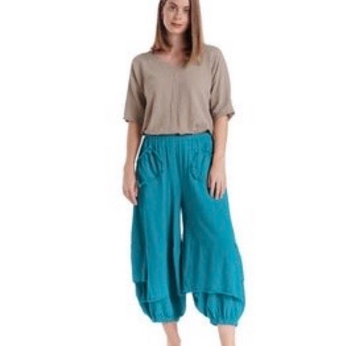 NWT Oh My Gauze! Guchi Turquoise Capri Pants Women's Size OSFM Lagenlook Boho