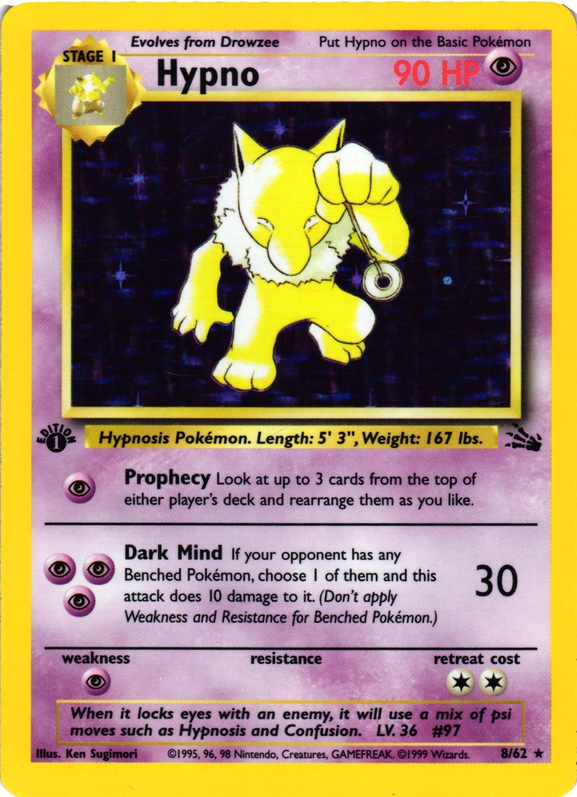 Pokemon TCG Fossil Hypno 8/62 Holo Rare 1st Edition LP