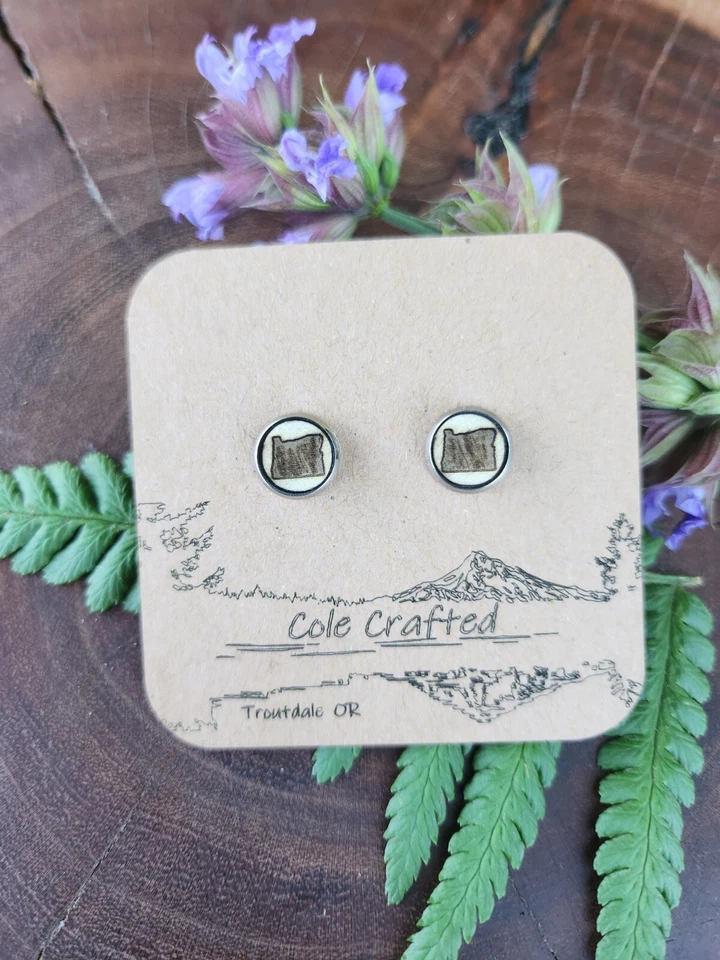 Juego de pendientes de madera hechos a mano de 8 mm de bisel de Oregon State PNW joyería de regalo Foto 2 de 4
