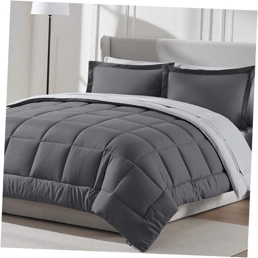 Comforter Set 7 Piece - Reversible Comforters Size Bed in a Queen Dark Grey-image
