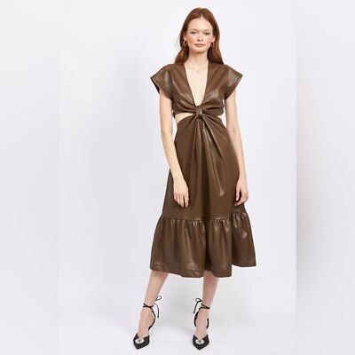 En Saison Lana PU Cut Out Midi Dress in Dark Brown NWT Women Dress Size Small