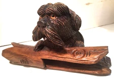 ANTIQUE BLACK FOREST SWISS WOOD CARVED DOG INKWELL- BOX W/ LOG PEN REST XL