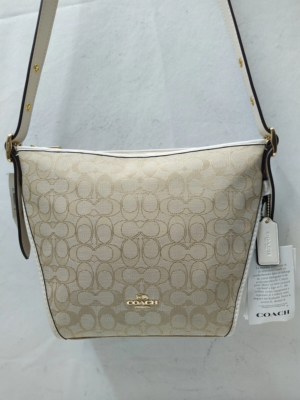 Borsa a tracolla Coach Signature Duffelette beige tela finiture in pelle Nuova con etichette $225