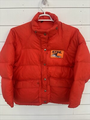 Vtg Stihl Chainsaw Logging Lumberjack Orange Farm Puffer Coat Jacket Mens M Down