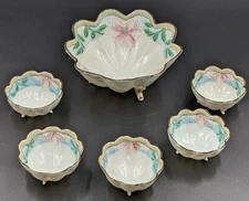 Vtg Scallop Edge Footed Nut /Berry / Salt Bowl Set With Flowers/ Moriage Japan
