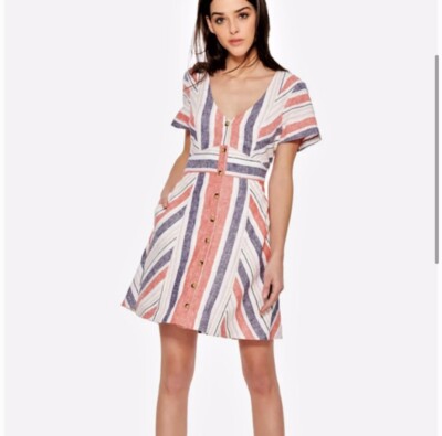Parker Kacey Dress Striped Mini Button Front Red White Blue 8