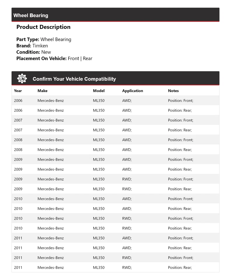 Cojinete de rueda Timken 2007 2008 2009 2010 para Mercedes-Benz ML350 2006-2011 Foto 2 de 4