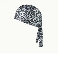 Black Grey Leopard Cheetah Spots Print Doo Rag Durag Headwrap Biker Bandanna