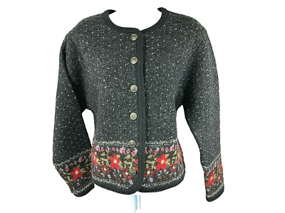 Tally Ho Creation Size PM Black Floral Wool Cardigan Sweater Vintage