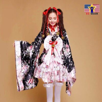 Sakura Kimono Lolita Maid Uniform Outfit Cosplay Costume Halloween