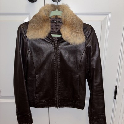 Sisley Brown Leather Jacket With Removable Fur Collar S- Great Condition