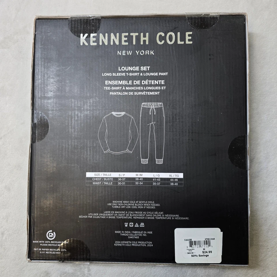 Kenneth Cole Lounge Set Mens Medium Long Sleeve T Shirt Jogger Pant Charcoal NEW - Image 2 of 3
