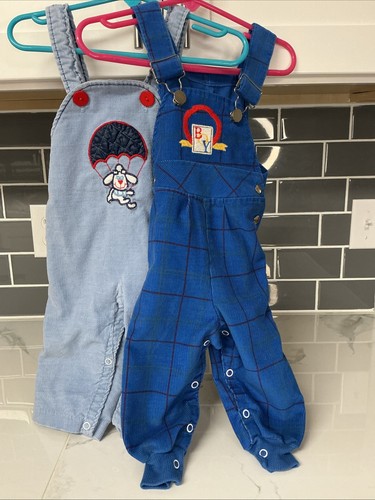 VTG 80s Baby Boy Overalls Lot 12M Buster Brown ILGWU Plaid Corduroy Romper USA