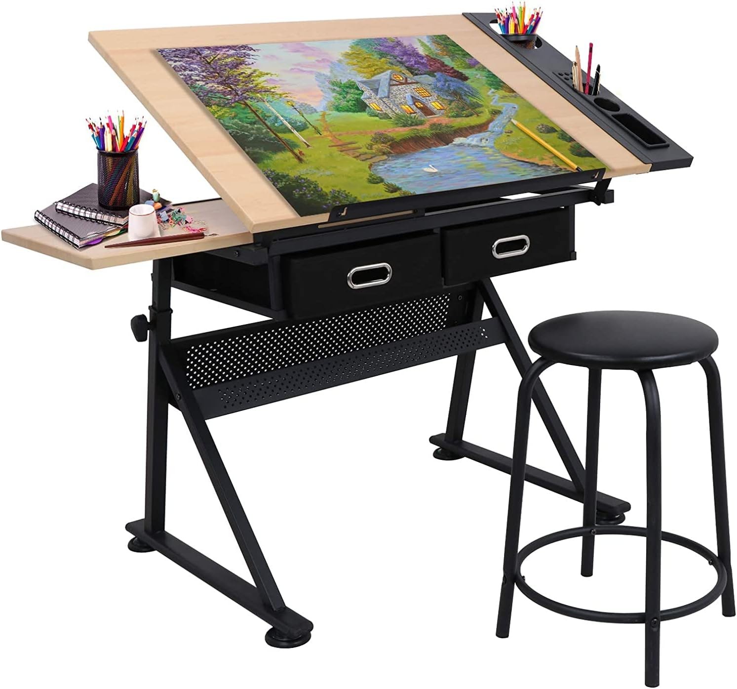 JupiterForce Drafting Table Art Desk with 2 Storage Drawers, Height Adjustable