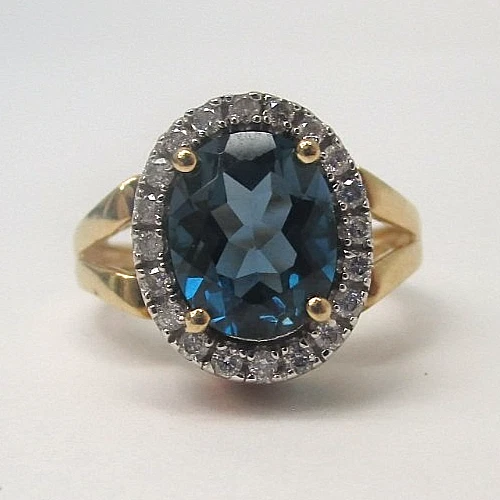 Halo de diamantes centrales de topacio azul y oro amarillo de 14k vintage con piedras reales talla 7 Foto 4 de 4