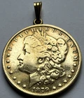 Genuine 1879 US Morgan Silver $1 Dollar Gold Plated Pendant w/ Gold Filled Bail