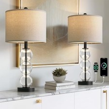 24" Glass Table Lamps Set of 2 Modern Table Lamps with USB Ports for Black