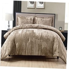 Crinkle Velvet Comforter Set, 3 Pieces Crinkle Velvet Face and Queen Khaki
