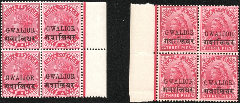 INDIA QWALIOR QV 1899-1901 MNH MRGN BLCKS 4 SC#A31/29/3P;A19/32/1A ROSE/WMK STAR