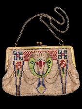 Micro Beaded Purse Art Deco Floral Kiss Lock Chain Evening Bag Vtg Antique 1920s