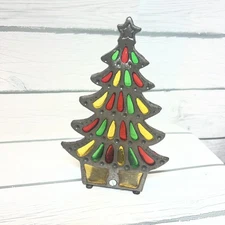Vintage Stain Glass Christmas Tree Candle Holder Metal Votive 6" Tall MCM