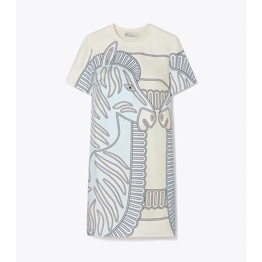 TORY BURCH tg. Abito maglietta media panna seta davanti stampa zebrata