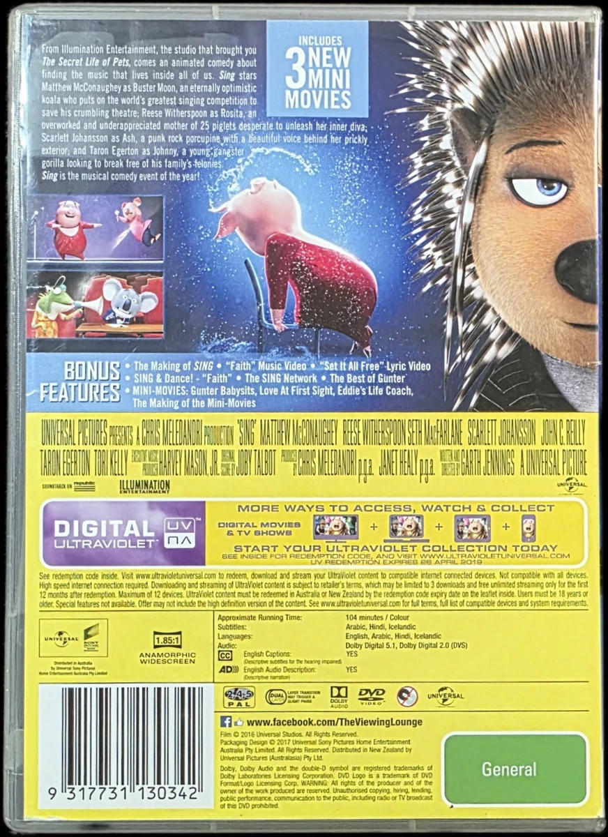 # Sing (2016) • DVD • Region 2,4,5 • McConaughey Witherspoon • FREE postage!!