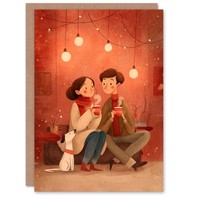 Cute Couple And Pet Dog In Cosy Cafe Illustration Valentine's Day Card