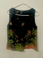 Citron SantaMonica Women's M Oriental Crane Scene 100%Silk Button Up Tank Blouse