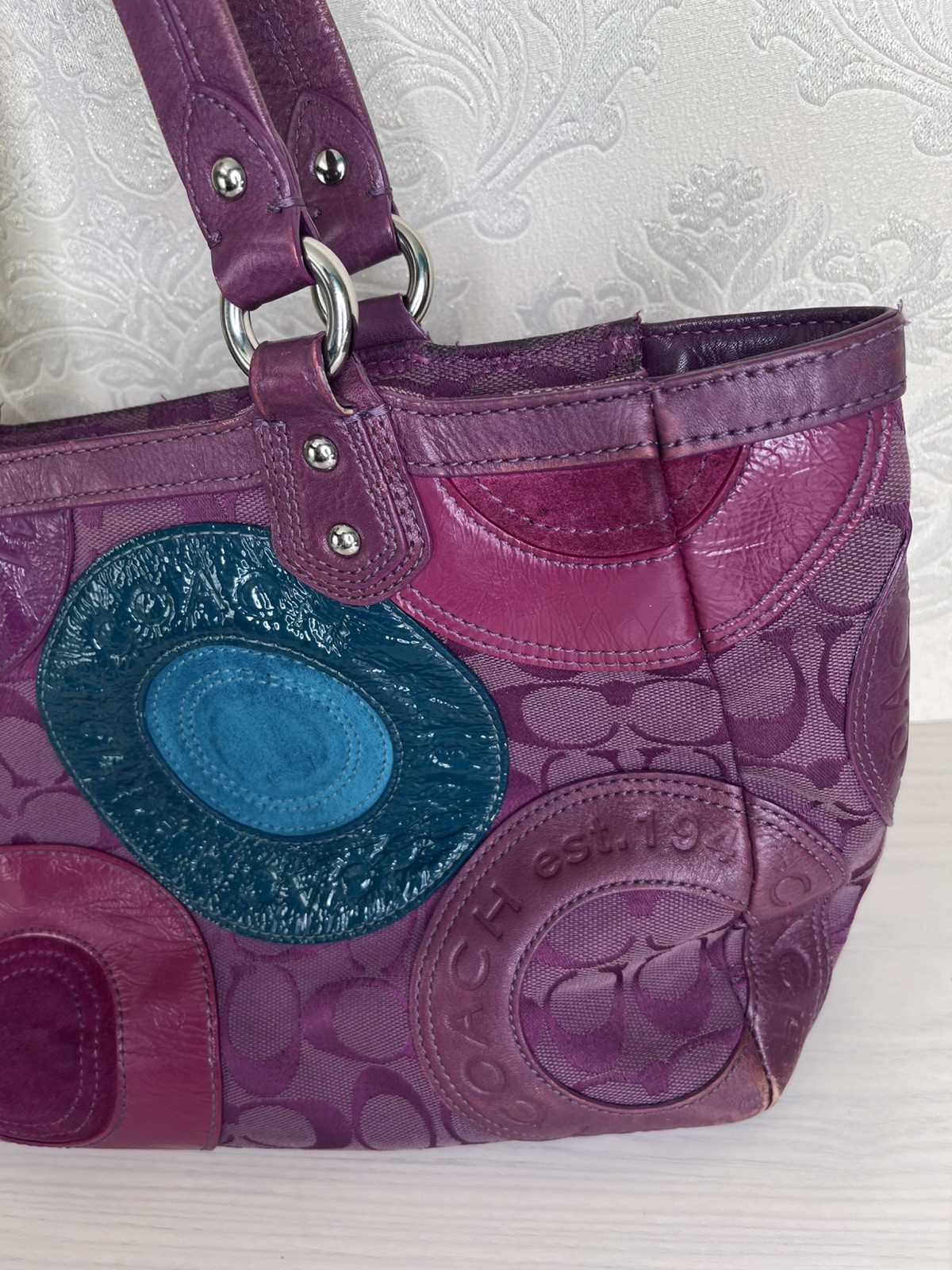 Coach Circle Patchwork Berry/Multicolor Tote Hand… - image 6