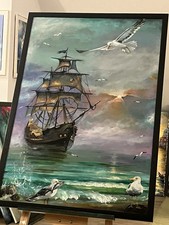 QUADRO acrilico dipinto a mano con nave su tela pezzo unico