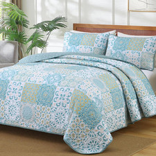 Patchwork Quilt Set King Size, Aqua Blue Boho Summer Bedspreads Coverlet Set, 3